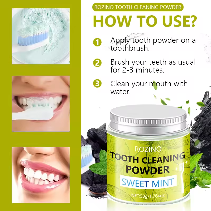 Peppermint cleansing tooth powder, freshens breath, relieves oral discomfort, and deeply cleans teeth
