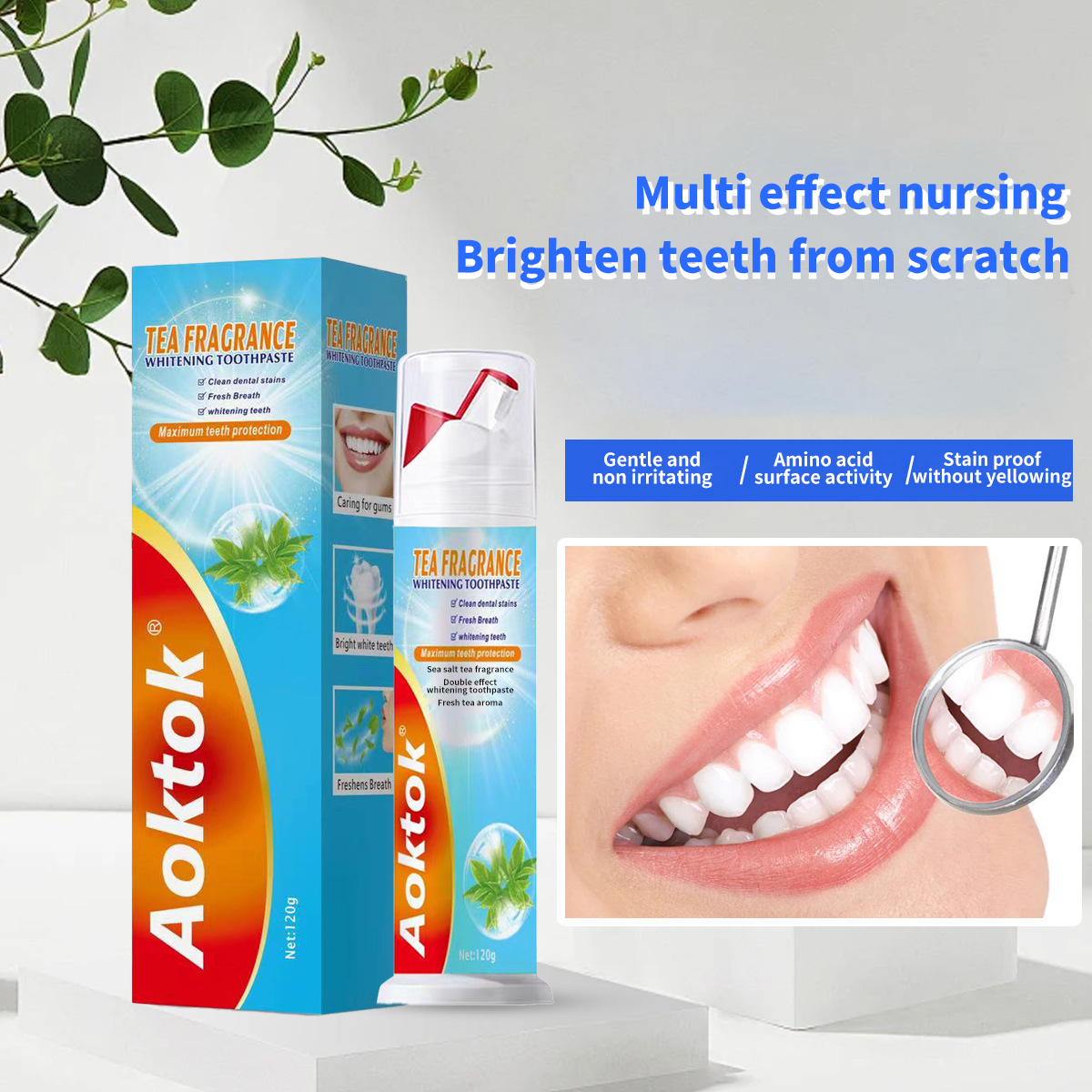 Douyin hit Aoktok cross-border hit probiotics mint double effect whitening 120g toothpaste fresh breath wholesale