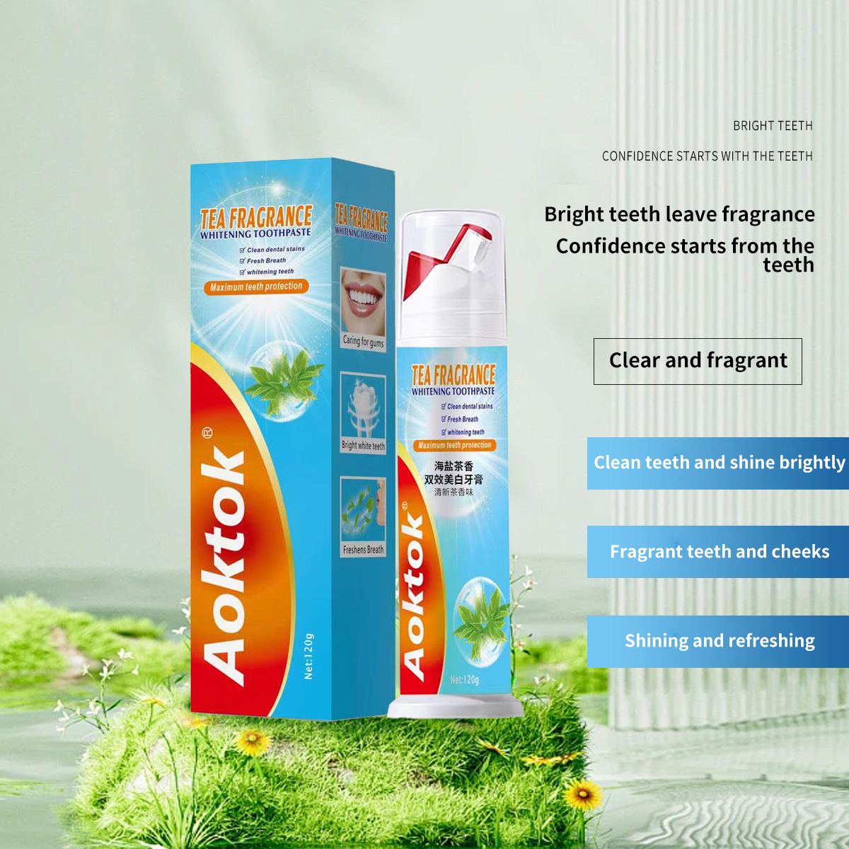 Douyin hit Aoktok cross-border hit probiotics mint double effect whitening 120g toothpaste fresh breath wholesale
