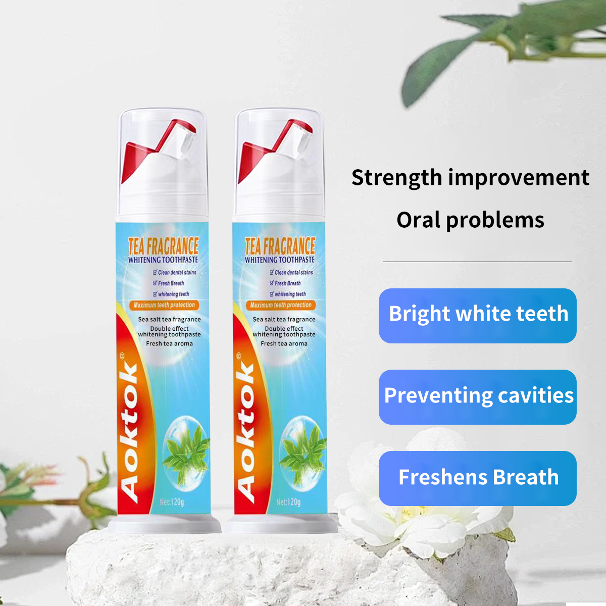 Douyin hit Aoktok cross-border hit probiotics mint double effect whitening 120g toothpaste fresh breath wholesale