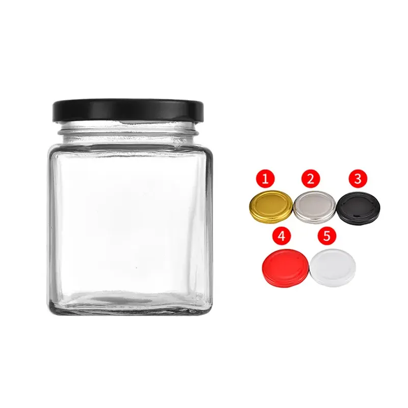 Custom square Honey glass Jar Container 100ml 180ml 380ml with Metal Lid