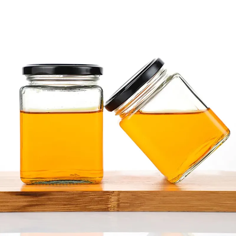 Custom square Honey glass Jar Container 100ml 180ml 380ml with Metal Lid