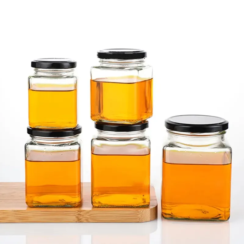 Custom square Honey glass Jar Container 100ml 180ml 380ml with Metal Lid