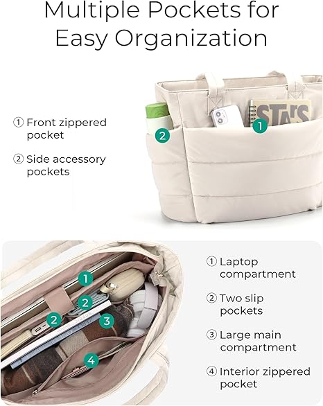 Tote Bag for Women, Lightweight Puffy Tote Bag with Compartments, Quilted Shoulder Bag Handbag for Travel, Work