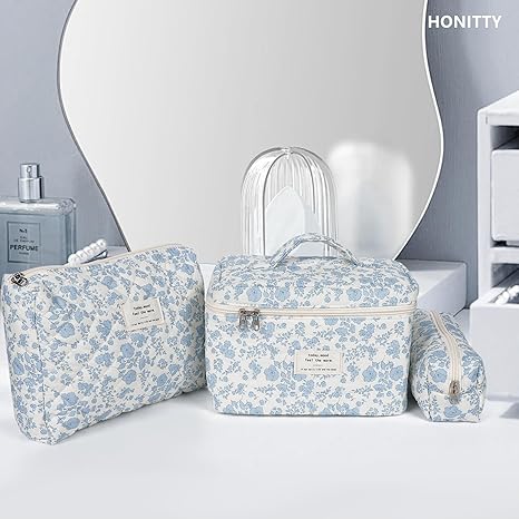 Makeup Bag,Quilted Cosmetic Bag,Large Floral Make Up Bag for Women,Cotton Makeup Bag Set,Flower Travel Toiletry Bag
