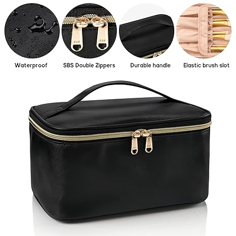 Makeup Bag, Portable Cosmetic Bag, Large Capacity Travel Makeup Case Organizer, Black For Women Toiletry Bag for Girls Traveling With Handle and Divider