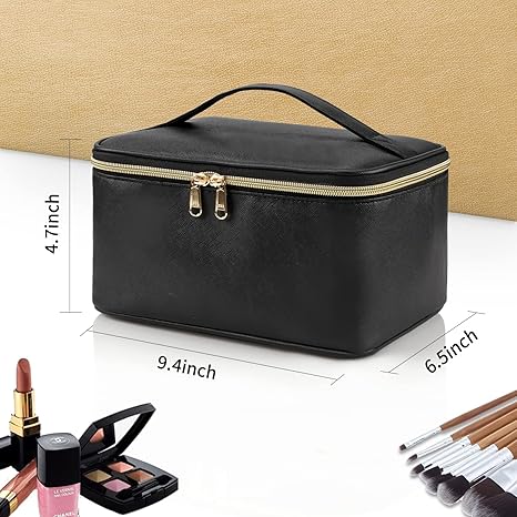 Makeup Bag, Portable Cosmetic Bag, Large Capacity Travel Makeup Case Organizer, Black For Women Toiletry Bag for Girls Traveling With Handle and Divider