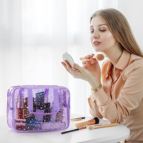 PVC Clear Makeup Bag for Women Waterproof Star Make Up Bag Toiletry Bag Travel Durable Cosmetic Bag Large Cute Tote Bag Organizer Makeup Pouch, Purple