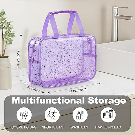 PVC Clear Makeup Bag for Women Waterproof Star Make Up Bag Toiletry Bag Travel Durable Cosmetic Bag Large Cute Tote Bag Organizer Makeup Pouch, Purple