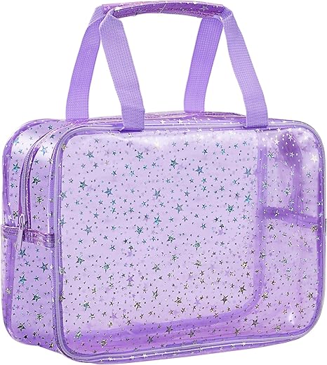 PVC Clear Makeup Bag for Women Waterproof Star Make Up Bag Toiletry Bag Travel Durable Cosmetic Bag Large Cute Tote Bag Organizer Makeup Pouch, Purple