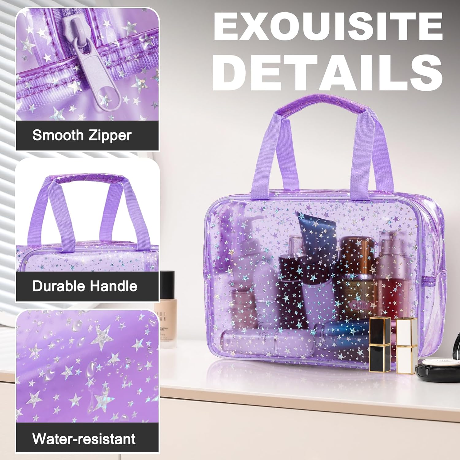 PVC Clear Makeup Bag for Women Waterproof Star Make Up Bag Toiletry Bag Travel Durable Cosmetic Bag Large Cute Tote Bag Organizer Makeup Pouch, Purple