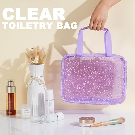 PVC Clear Makeup Bag for Women Waterproof Star Make Up Bag Toiletry Bag Travel Durable Cosmetic Bag Large Cute Tote Bag Organizer Makeup Pouch, Purple