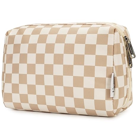  Checkered Makeup Bag Travel Cosmetic Bag Organizer Toiletry Bag Make Up Bags with Compartments for Women Girls (Large, Light Checkerboard)