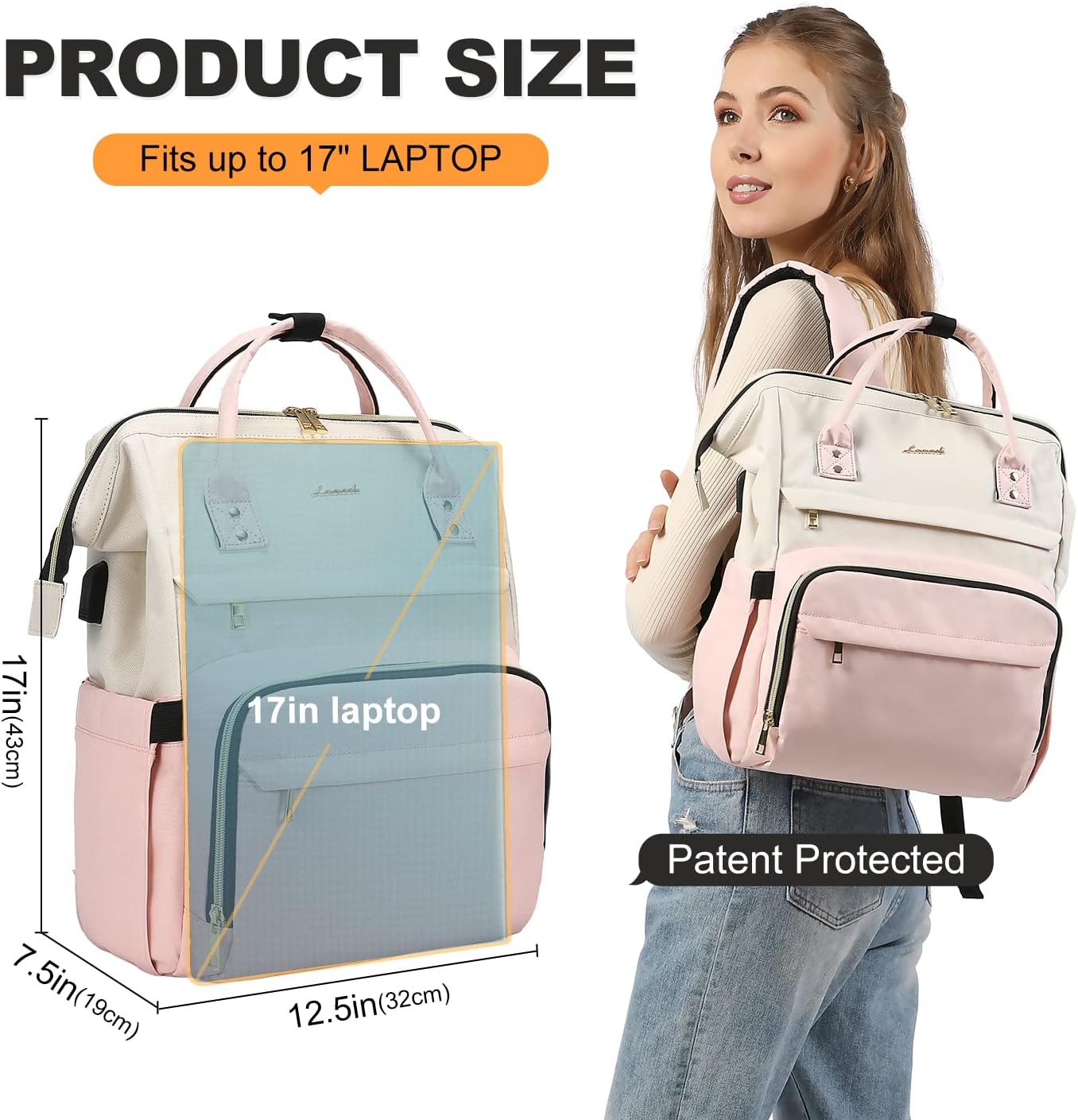 Laptop Backpack for Women, 17-inch Large Capacity Fashion Work Computer Backpacks Purse, Travel Business Bags, Doctor Nurse Backpack, Beige-Pink