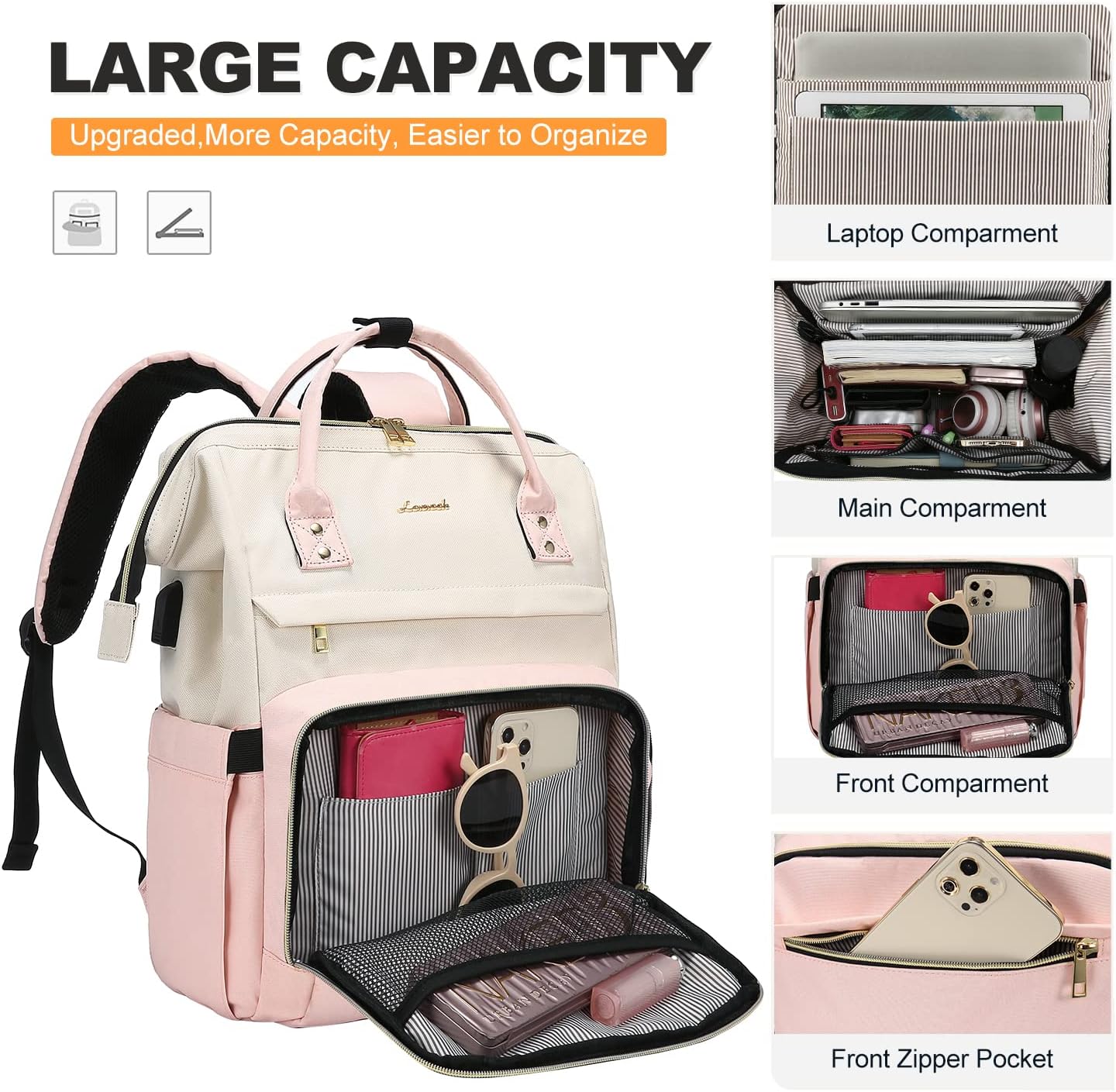 Laptop Backpack for Women, 17-inch Large Capacity Fashion Work Computer Backpacks Purse, Travel Business Bags, Doctor Nurse Backpack, Beige-Pink