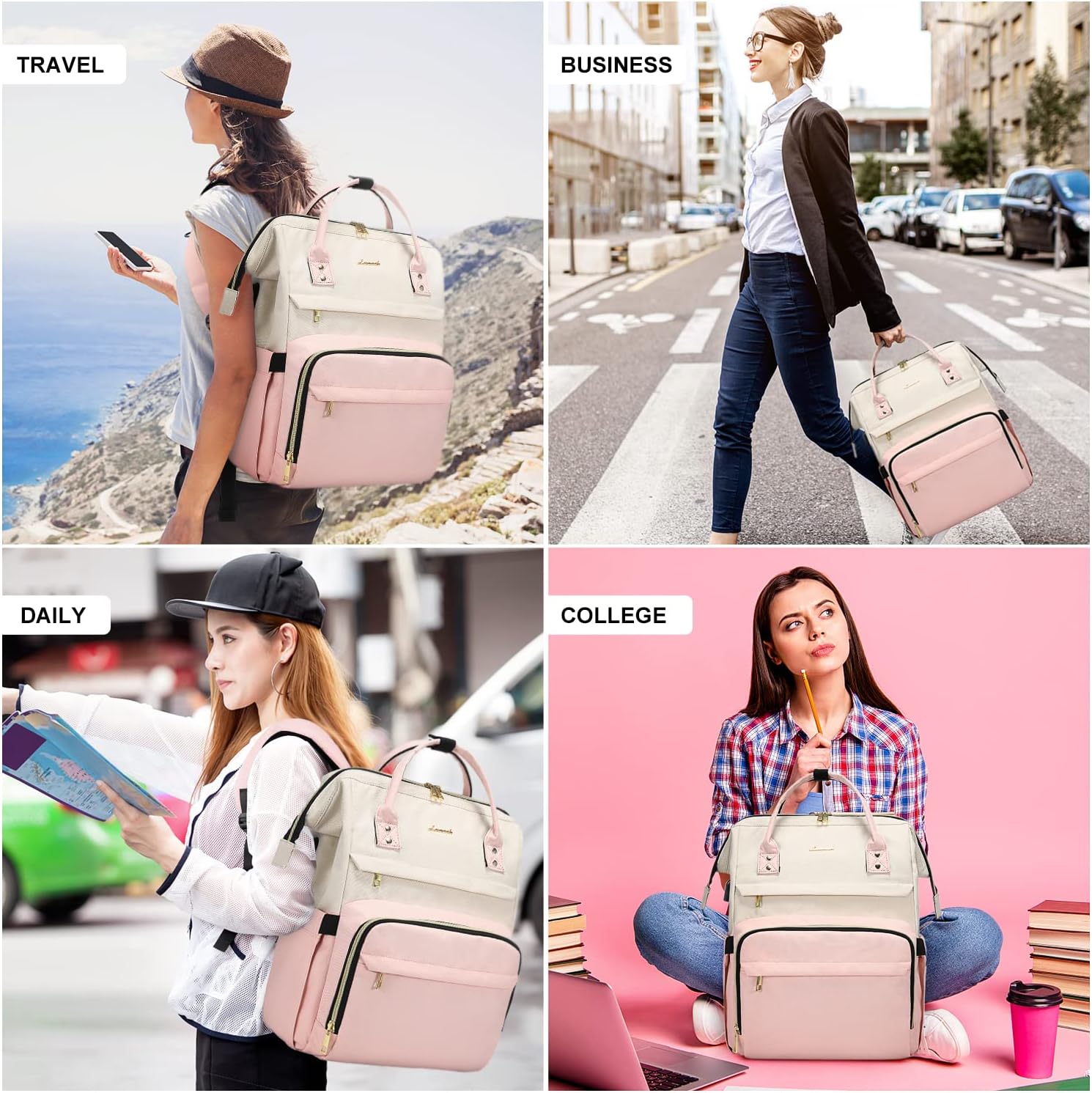 Laptop Backpack for Women, 17-inch Large Capacity Fashion Work Computer Backpacks Purse, Travel Business Bags, Doctor Nurse Backpack, Beige-Pink