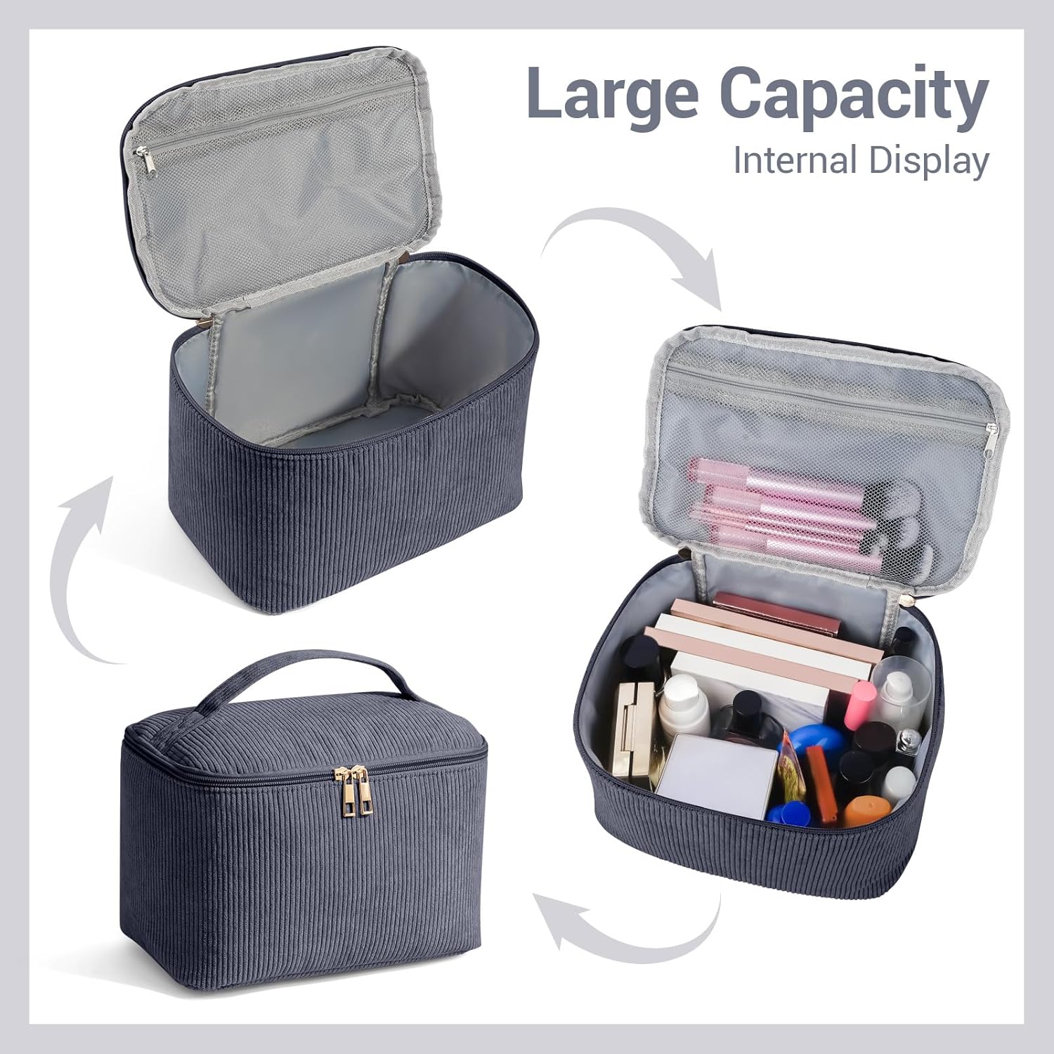 Makeup Bag Cosmetic Bag Large Capacity with Handle Make Up Bags with Mesh Pocket, Travel Makeup Bag for Women