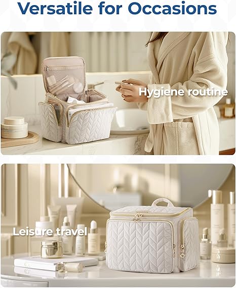 Travel Toiletry Bag, Large Wide-open Travel Bag for Toiletries, Makeup Cosmetic Travel Bag with Handle-Beige