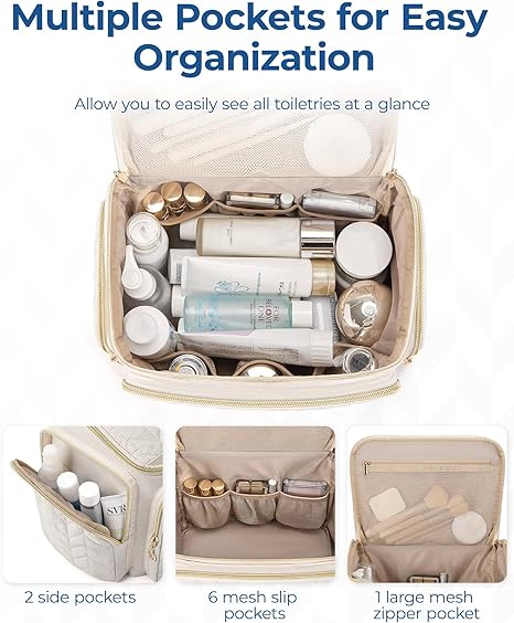 Travel Toiletry Bag, Large Wide-open Travel Bag for Toiletries, Makeup Cosmetic Travel Bag with Handle-Beige