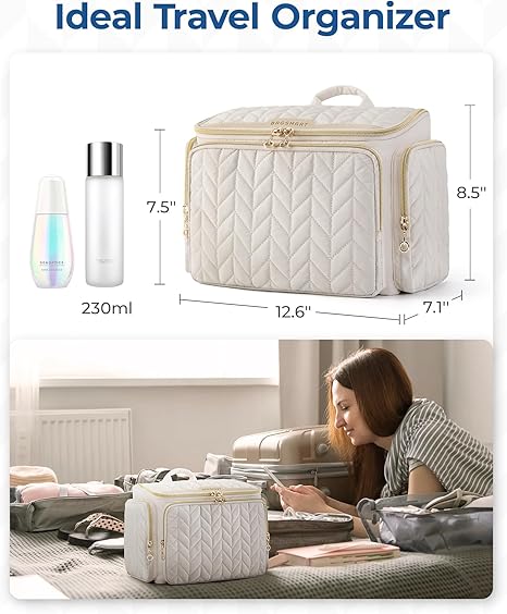Travel Toiletry Bag, Large Wide-open Travel Bag for Toiletries, Makeup Cosmetic Travel Bag with Handle-Beige