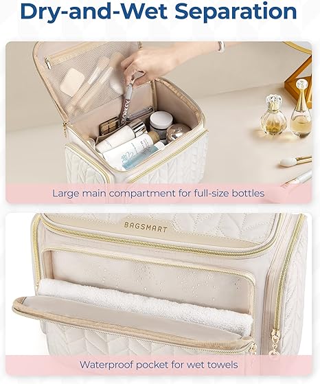 Travel Toiletry Bag, Large Wide-open Travel Bag for Toiletries, Makeup Cosmetic Travel Bag with Handle-Beige