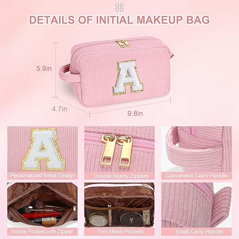 Makeup Bag for Girls Women - Mothers Day Gifts, Personalized Initial Pink Cosmetic Bag Makeup Pouch Organizer, Personalized Birthday Gifts for Women Teen Girl Kids Daughter Letter A