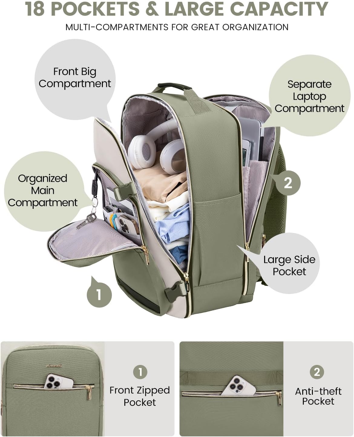 LOVEVOOK 40L Travel Backpack for Women & Men, Large Carry on Backpack for Airplanes with 3 Packing Cubes, TSA Personal Item Travel Bag fits 17