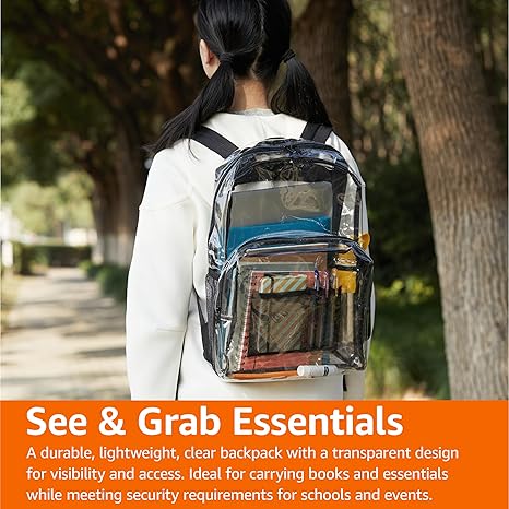 Transparent School Backpack, With Water-Resistant PVC Plastic Material and Ruggedly Reinforced Shoulder Straps, Clear