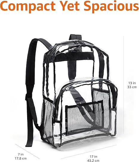 Transparent School Backpack, With Water-Resistant PVC Plastic Material and Ruggedly Reinforced Shoulder Straps, Clear