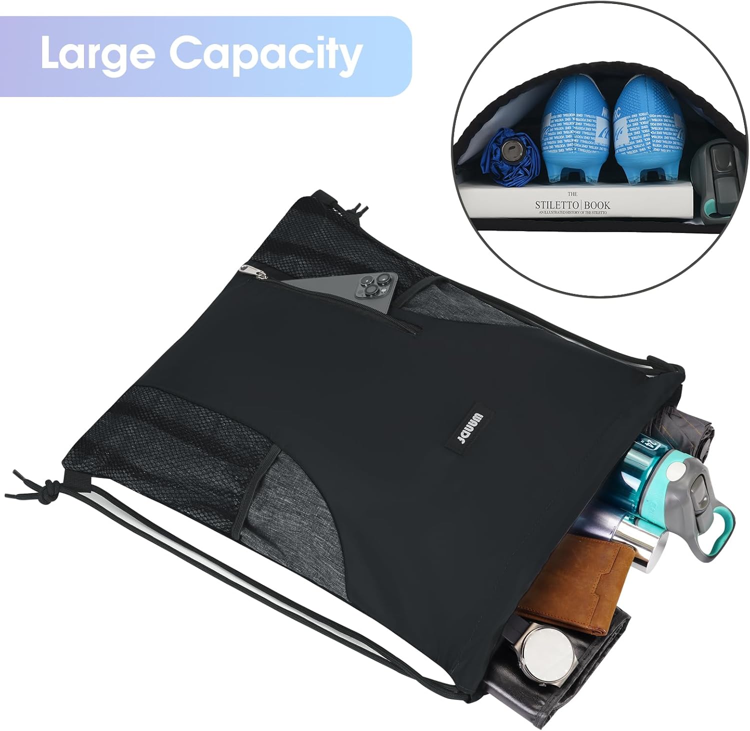 Drawstring Backpack Sports Gym Sackpack with Mesh Pockets Water Resistant String Bag for Women Men