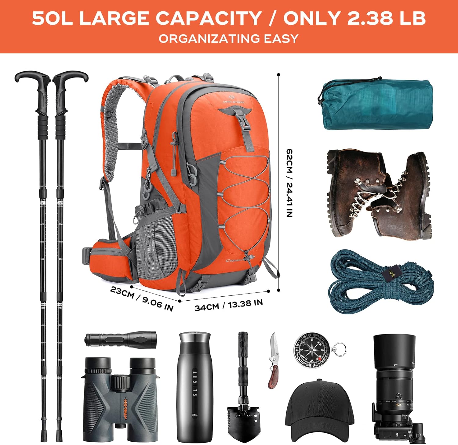 Hiking Backpack,Camping Backpack,50L Waterproof Hiking Daypack with Rain Cover,Lightweight Travel Backpack