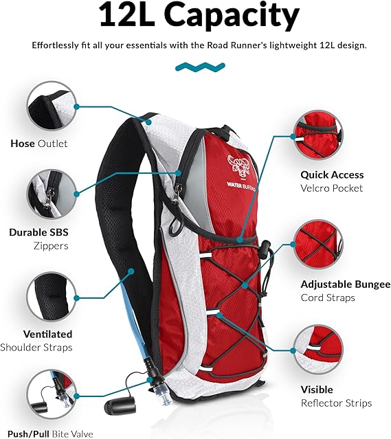 Water Buffalo Hydration Backpack - Lightweight Hydration Pack with 2L Water Bladder - Water Backpack for Hiking, Running, Biking, and Raves - Road Runner 12L Hydropack Backpack