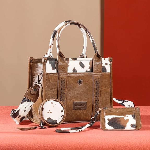 Tote Handbag Set, Tote Bag for Women,Western Cow Print Purse Desogmer,Top Handle Handbags