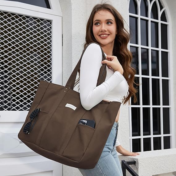 Large Canvas Tote Bag for Women Everything Bag with Pockets and Laptop Sleeve