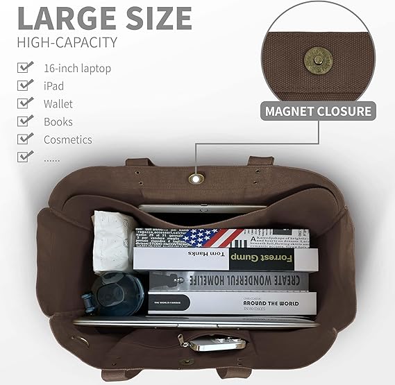 Large Canvas Tote Bag for Women Everything Bag with Pockets and Laptop Sleeve