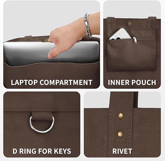 Large Canvas Tote Bag for Women Everything Bag with Pockets and Laptop Sleeve
