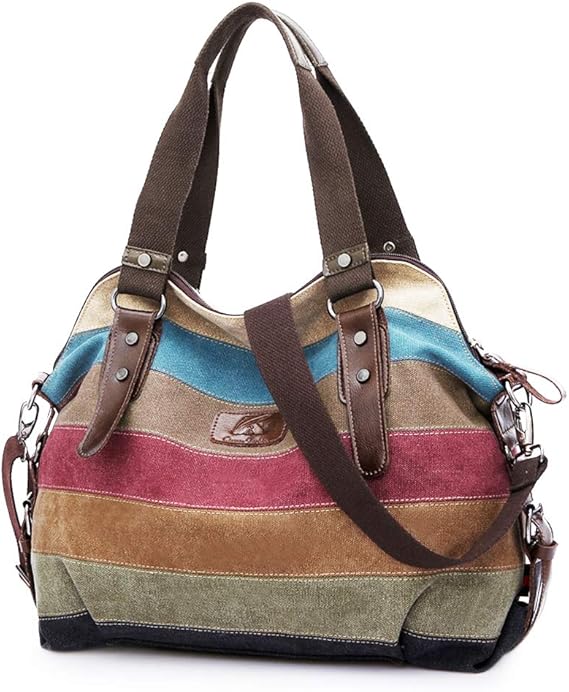 Canvas Handbag Multi-Color Striped Lattice Cross Body Shoulder Purse Bag Tote-Handbag for Women