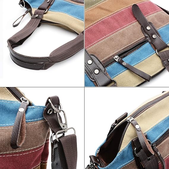 Canvas Handbag Multi-Color Striped Lattice Cross Body Shoulder Purse Bag Tote-Handbag for Women