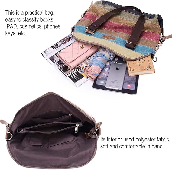 Canvas Handbag Multi-Color Striped Lattice Cross Body Shoulder Purse Bag Tote-Handbag for Women