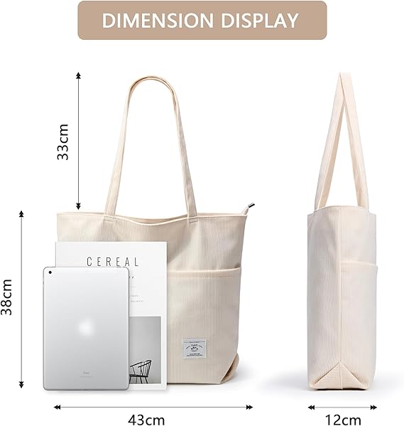 Women Corduroy Tote Bag Zipper Casual Tote's Handbag Big Capacity Shoulder Bag with Pockets