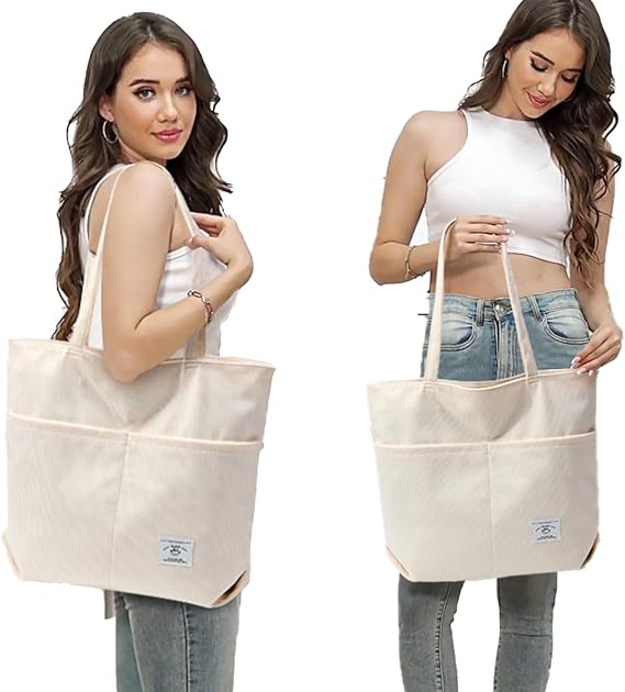 Women Corduroy Tote Bag Zipper Casual Tote's Handbag Big Capacity Shoulder Bag with Pockets