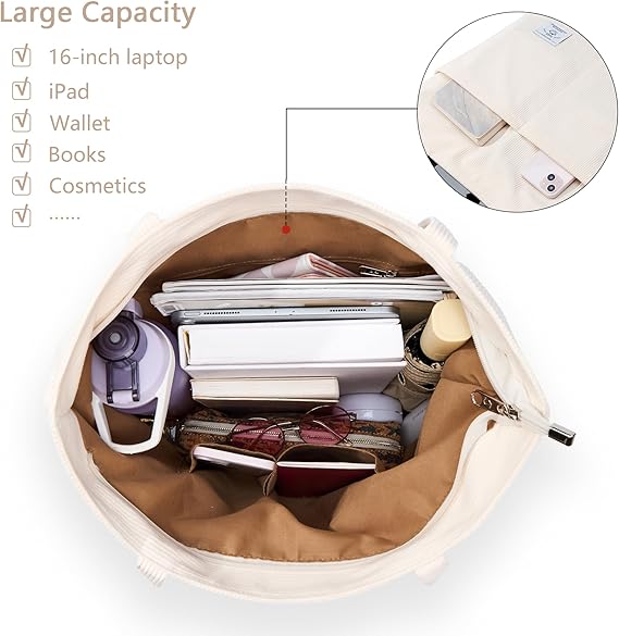 Women Corduroy Tote Bag Zipper Casual Tote's Handbag Big Capacity Shoulder Bag with Pockets