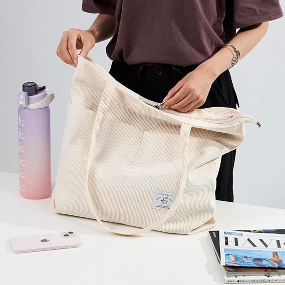 Women Corduroy Tote Bag Zipper Casual Tote's Handbag Big Capacity Shoulder Bag with Pockets