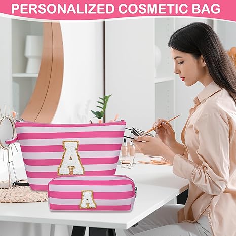 Initial Makeup Bag Set, Personalized Stripe Cosmetic Bag, Waterproof Travel Toiletry Bag, Cute Makeup Pouch for Women Preppy Teen Girls Gift Trendy Stuff Gift