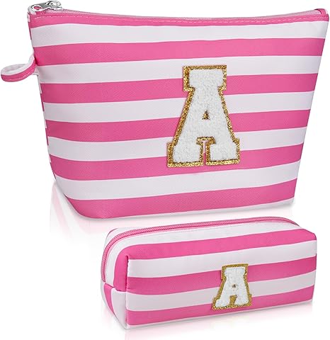Initial Makeup Bag Set, Personalized Stripe Cosmetic Bag, Waterproof Travel Toiletry Bag, Cute Makeup Pouch for Women Preppy Teen Girls Gift Trendy Stuff Gift
