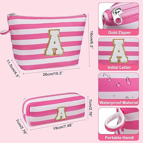 Initial Makeup Bag Set, Personalized Stripe Cosmetic Bag, Waterproof Travel Toiletry Bag, Cute Makeup Pouch for Women Preppy Teen Girls Gift Trendy Stuff Gift