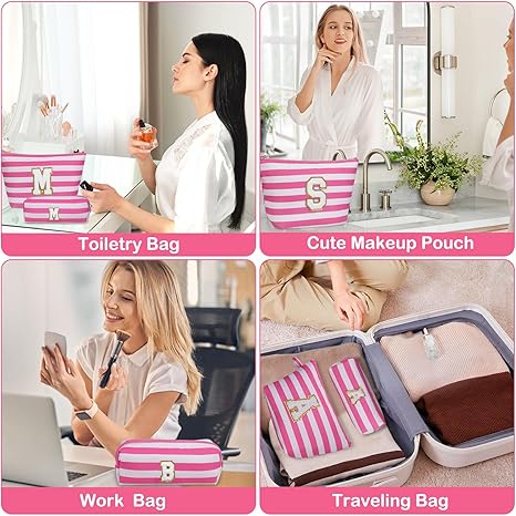 Initial Makeup Bag Set, Personalized Stripe Cosmetic Bag, Waterproof Travel Toiletry Bag, Cute Makeup Pouch for Women Preppy Teen Girls Gift Trendy Stuff Gift