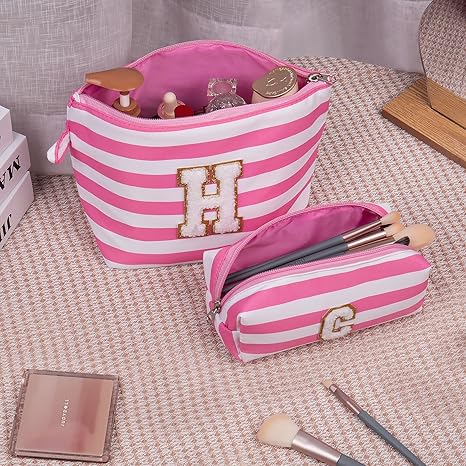 Initial Makeup Bag Set, Personalized Stripe Cosmetic Bag, Waterproof Travel Toiletry Bag, Cute Makeup Pouch for Women Preppy Teen Girls Gift Trendy Stuff Gift