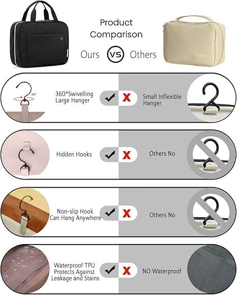 Toiletry Bag Travel Bag with Hanging Hook, Water-resistant Makeup Cosmetic Bag Travel Organizer for Accessories, Shampoo, Full-size Container, Toiletries