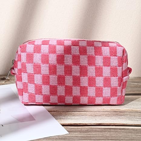 2 Pieces Makeup Bag Large Checkered Cosmetic Bag Capacity Canvas Mix Travel Toiletry Bag Organizer Cute Makeup Brushes Aesthetic Accessories Storage Bag for Women, Checkered Mix Rose Red